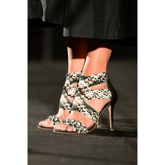 NEW Sandro Agate Vert Sapin Green Black Woven Strap Open Toe Heel Sandal 40 - Picture 1 of 11